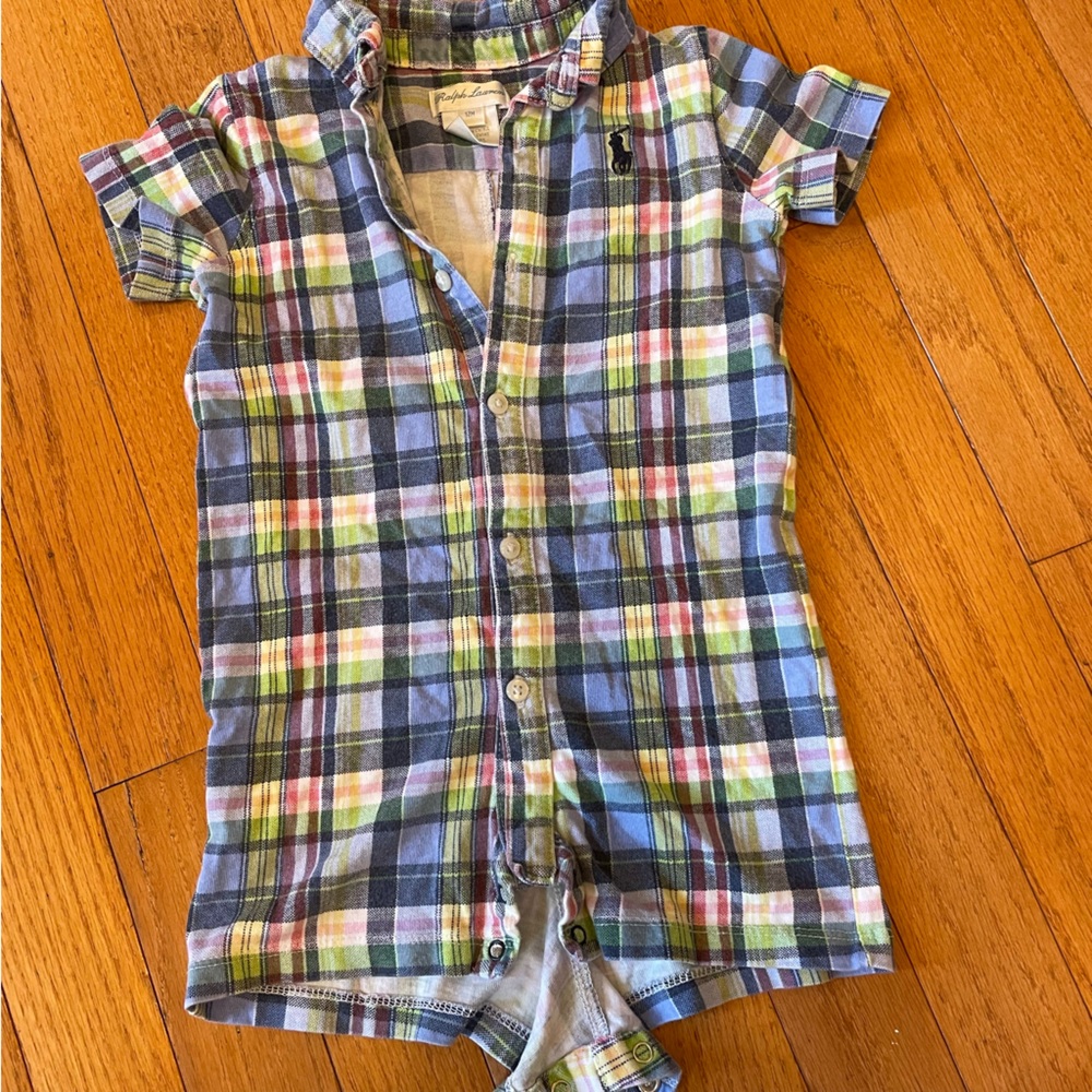 Baby boys Ralph Lauren boys romper plaid print. 12 month